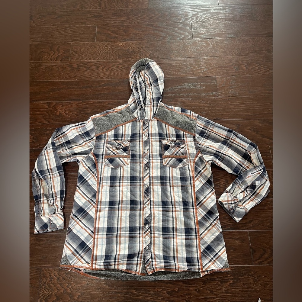 BKE  Long sleeve athletic fit Snap Button Shirt Men X-Large Plaid Hooded